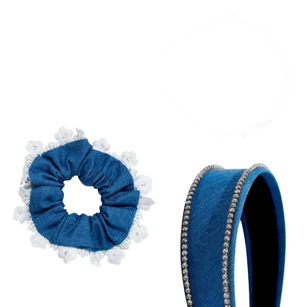 2-Piece Headband, Denim with Crystal Trim and Floral lace Hair Scrunchie set New